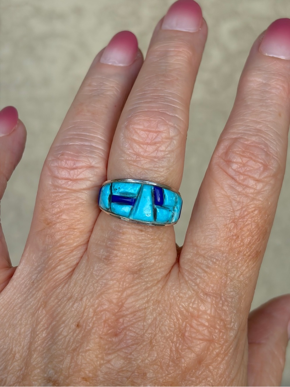 Yazzie Signed 925 Sterling Turquoise & Lapis Cobble Stone Set Ring